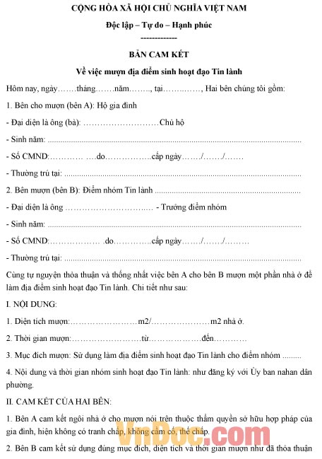 Mẫu bản cam kết về việc mượn địa điểm sinh hoạt đạo tin lành