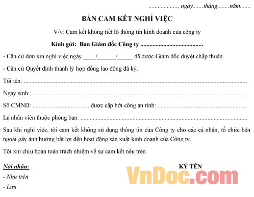 Mẫu bản cam kết nghỉ việc