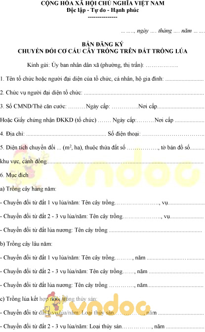 Mẫu bản đăng ký chuyển đổi cơ cấu cây trồng trên đất trồng lúa