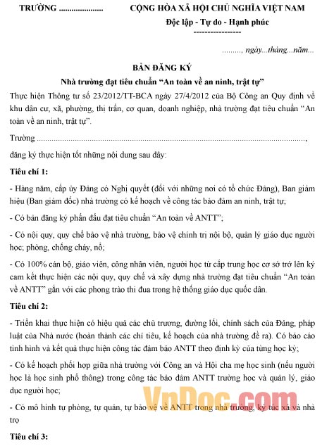 Mẫu bản đăng ký nhà trường đạt tiêu chuẩn “An toàn về an ninh, trật tự”