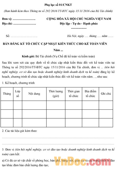 Mẫu bản đăng ký tổ chức cập nhật kiến thức cho kế toán viên