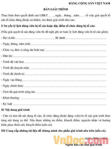 Mẫu bản giải trình