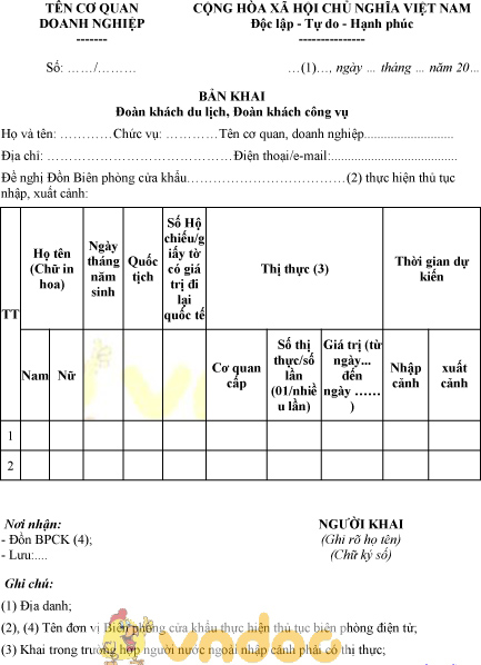 Mẫu bản khai đoàn khách du lịch, đoàn khách công vụ