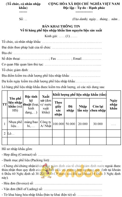 Mẫu bản khai thông tin lô hàng phế liệu nhập khẩu làm nguyên liệu sản xuất