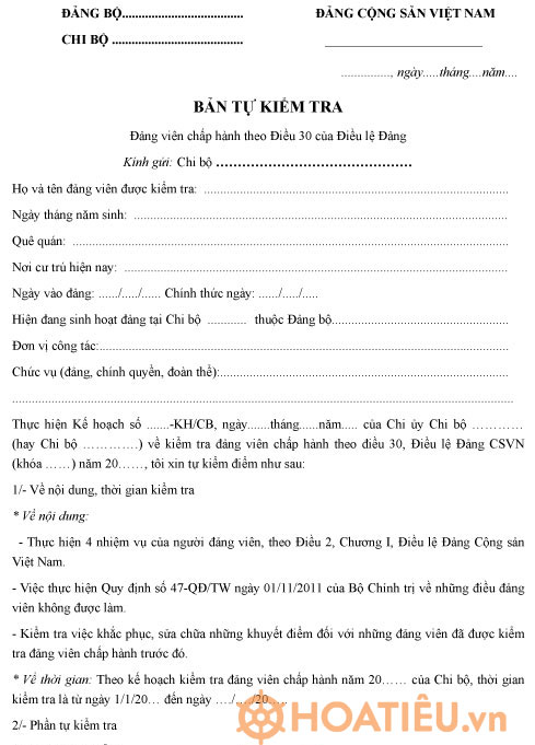 Mẫu bản kiểm điểm đảng viên chấp hành điều lệ Đảng