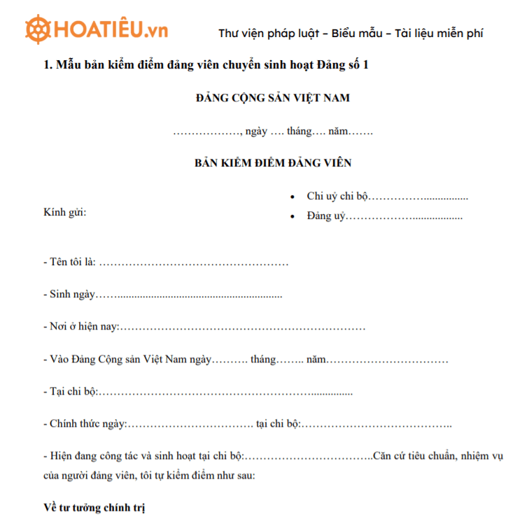 Mẫu bản kiểm điểm đảng viên chuyển sinh hoạt Đảng