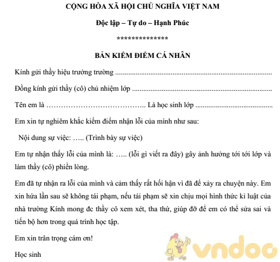 Mẫu bản kiểm điểm tự nhận lỗi cho học sinh