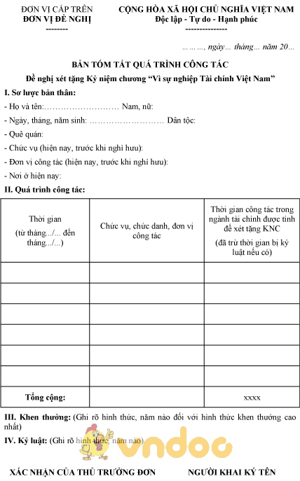 Mẫu bản tóm tắt quá trình công tác đề nghị xét tặng kỷ niệm chương vì sự nghiệp tài chính