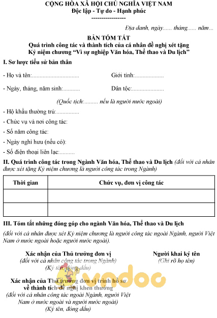 Mẫu bản tóm tắt quá trình công tác và thành tích của cá nhân đề nghị xét tặng kỷ niệm chương