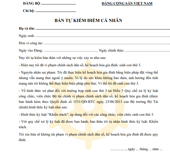 Mẫu bản tự kiểm điểm đảng viên sinh con thứ 3