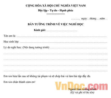 Mẫu bản tường trình về việc nghỉ học