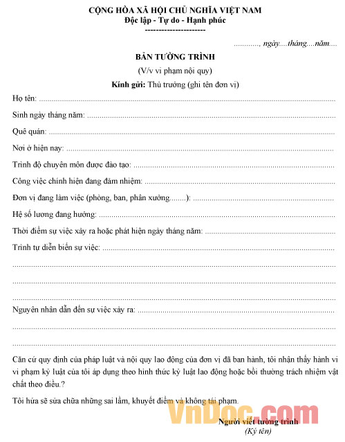 Mẫu bản tường trình về việc vi phạm nội quy