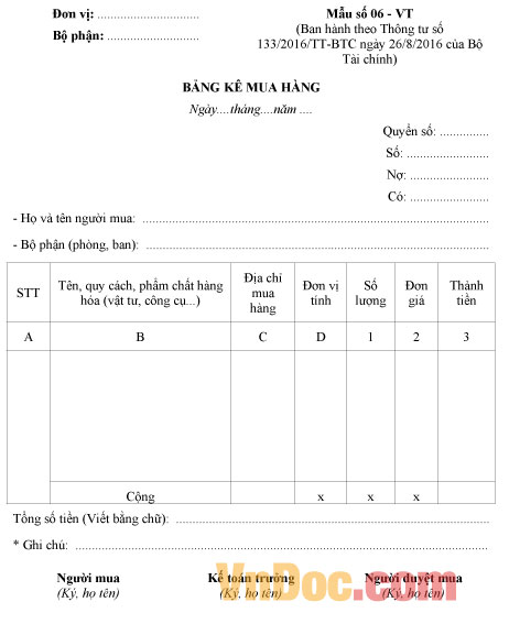 Mẫu bảng kê mua hàng