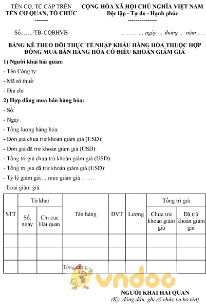 Mẫu bảng kê theo dõi nhập khẩu hàng hóa thuộc hợp đồng mua bán hàng hóa có điều khoản giảm giá