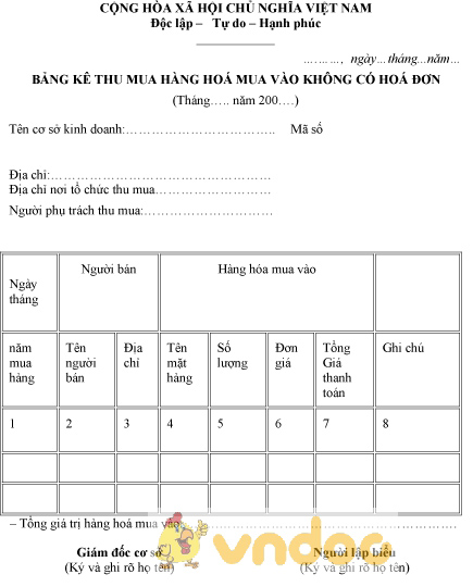 Mẫu bảng kê thu mua hàng hóa mua vào không có hóa đơn