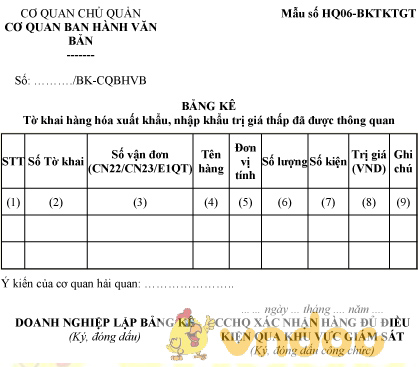 Mẫu bảng kê tờ khai hàng hóa xuất khẩu, nhập khẩu trị giá thấp đã được thông quan