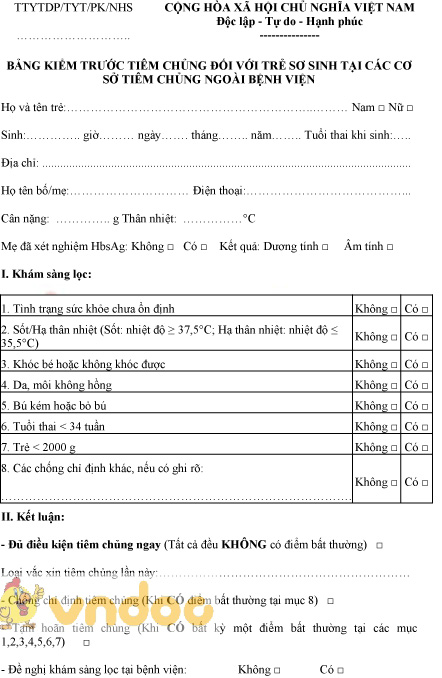 Mẫu bảng kiểm trước tiêm chủng với trẻ sơ sinh tại cơ sở tiêm chủng ngoài bệnh viện