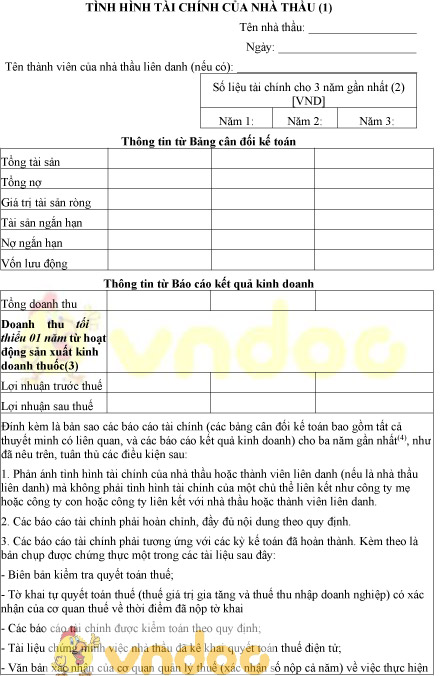 Mẫu bảng tình hình tài chính của nhà thầu
