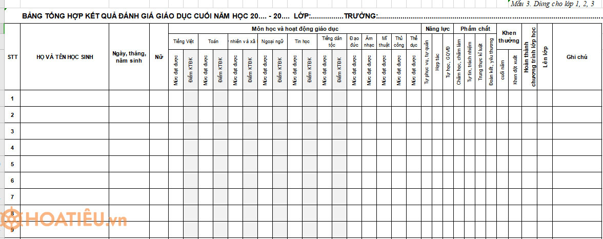 Mẫu bảng tổng hợp kết quả đánh giá giáo dục tiểu học