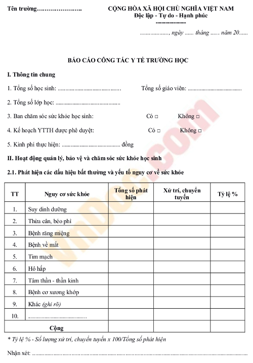 Mẫu báo cáo công tác y tế trường học