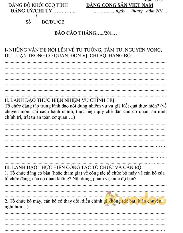 Mẫu báo cáo của cấp ủy hàng tháng