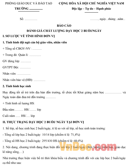 Mẫu báo cáo về việc đánh giá chất lượng dạy học 2 buổi/ngày
