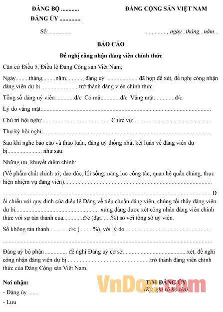 Mẫu báo cáo về việc đề nghị công nhận đảng viên chính thức