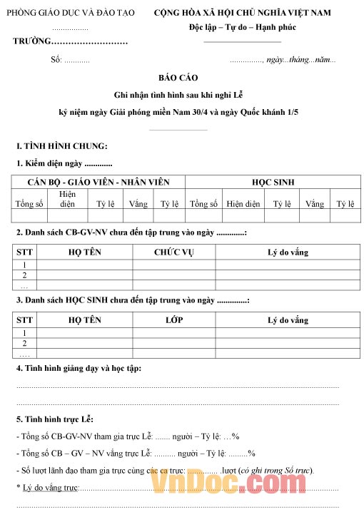 Mẫu báo cáo ghi nhận về tình hình sau dịp nghỉ lễ 30/4, 1/5