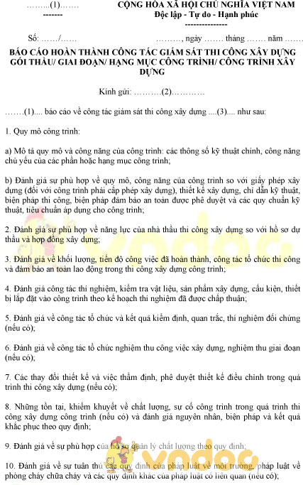 Mẫu báo cáo hoàn thành công tác giám sát thi công xây dựng gói thầu