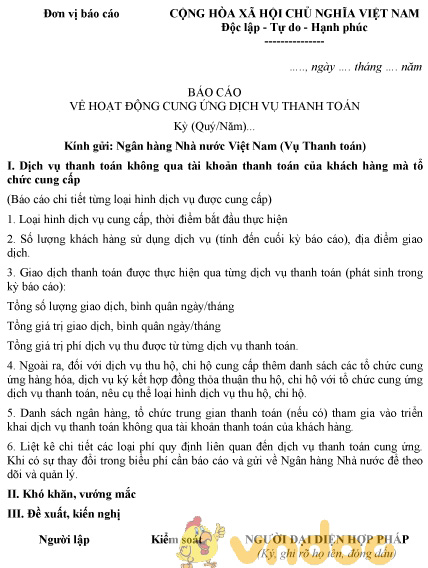 Mẫu báo cáo hoạt động cung ứng dịch vụ thanh toán