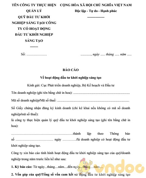 Mẫu báo cáo hoạt động đầu tư khởi nghiệp sáng tạo