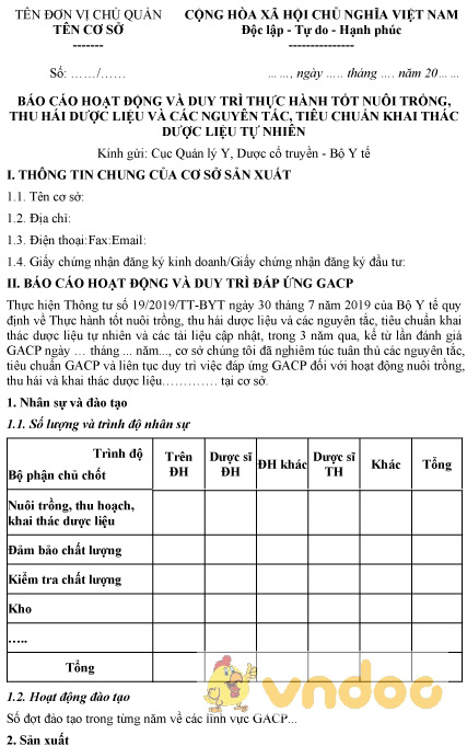 Mẫu báo cáo hoạt động và duy trì thực hành tốt nuôi trồng, thu hái dược liệu