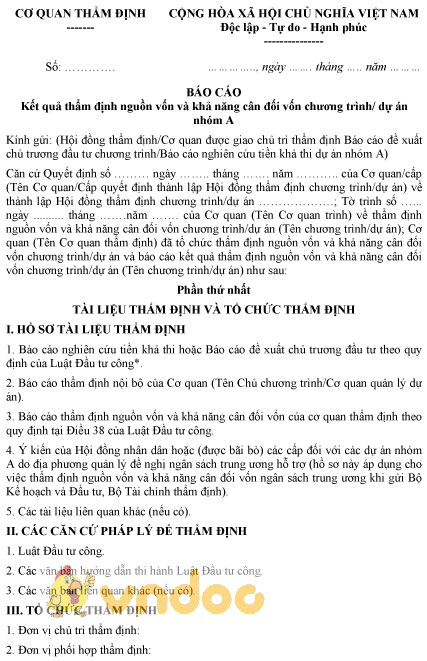 Mẫu báo cáo kết quả thẩm định nguồn vốn và khả năng cân đối vốn chương trình, dự án