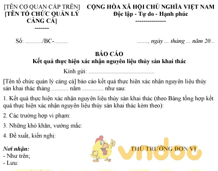 Mẫu báo cáo kết quả xác nhận nguyên liệu thủy sản khai thác