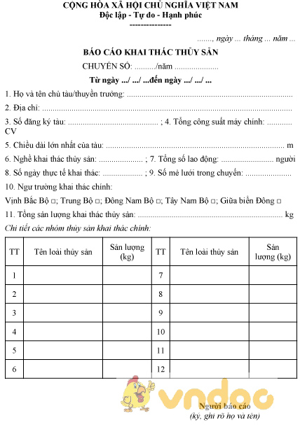 Mẫu báo cáo khai thác thủy sản