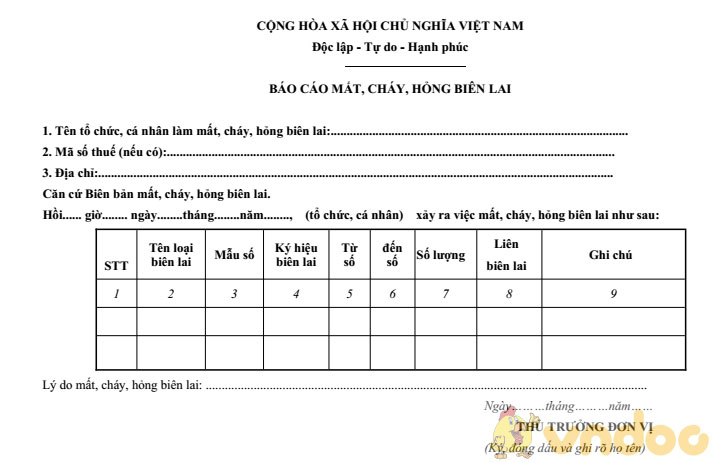 Mẫu báo cáo mất, cháy, hỏng biên lai