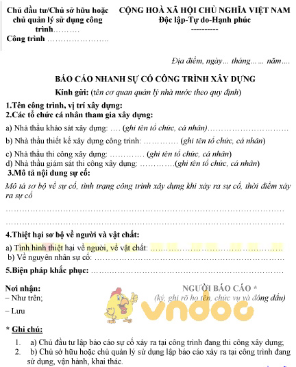 Mẫu báo cáo nhanh sự cố công trình xây dựng