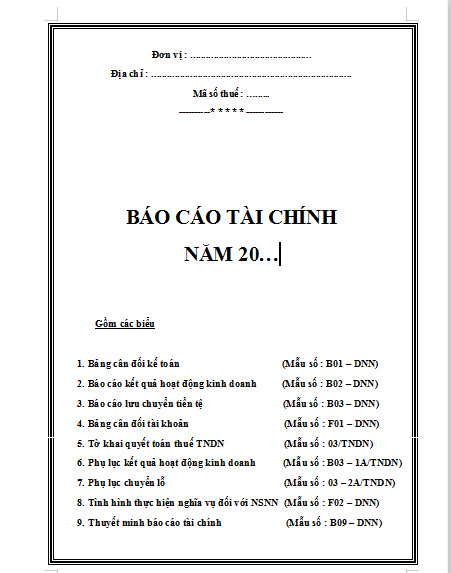 Mẫu bìa báo cáo tài chính