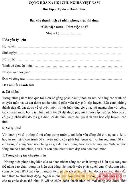 Báo cáo thành tích cá nhân giỏi việc nước đảm việc nhà