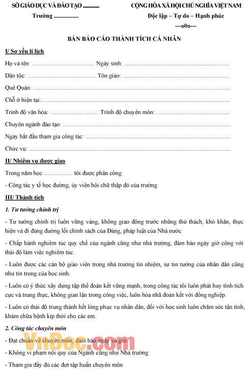 Mẫu báo cáo thành tích cá nhân về công tác y tế học đường