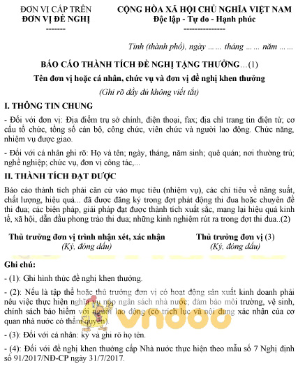 Mẫu báo cáo thành tích đề nghị khen thưởng theo chuyên đề