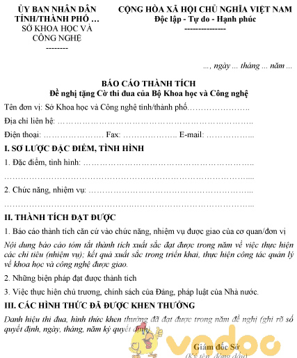 Mẫu báo cáo thành tích đề nghị tặng cờ thi đua của Bộ Khoa học và Công nghệ