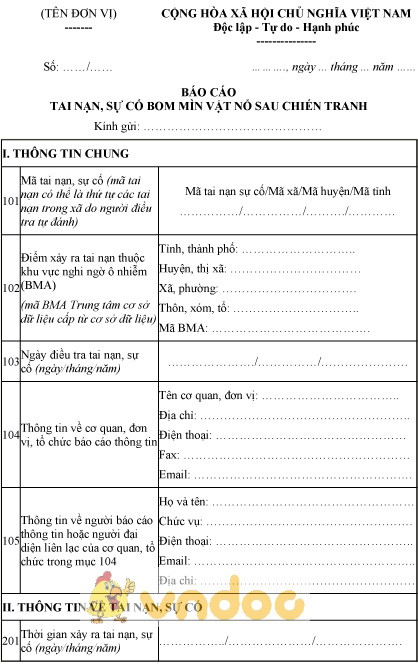 Mẫu báo cáo thông tin về các tai nạn, sự cố do BMVN sau chiến tranh gây ra