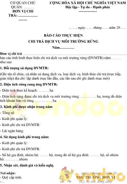Mẫu báo cáo thực hiện chi trả dịch vụ môi trường rừng