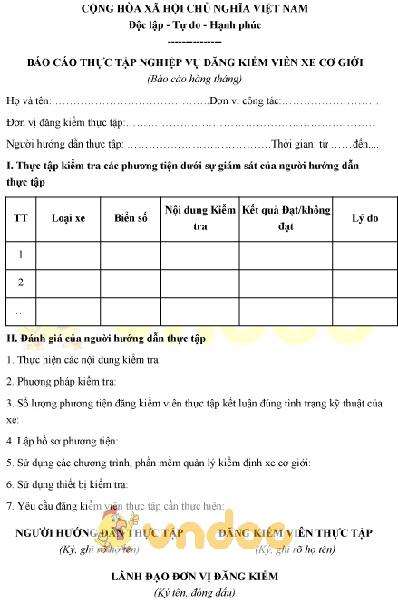 Mẫu báo cáo thực tập nghiệp vụ đăng kiểm viên xe cơ giới