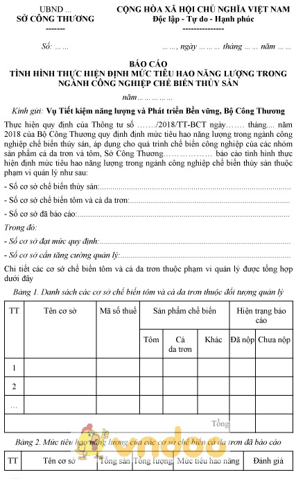 Mẫu báo cáo tình hình định mức tiêu hao năng lượng trong ngành chế biến thủy sản