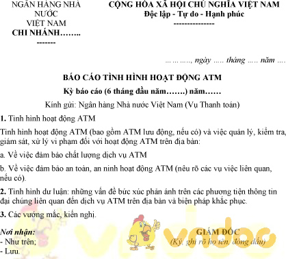 Mẫu báo cáo tình hình hoạt động ATM  của Ngân hàng Nhà nước