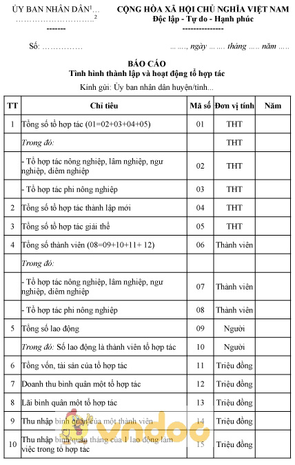 Mẫu báo cáo tình hình hoạt động tổ hợp tác của cấp huyện, tỉnh