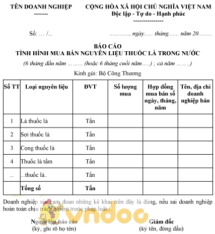 Mẫu báo cáo tình hình mua bán nguyên liệu thuốc lá trong nước