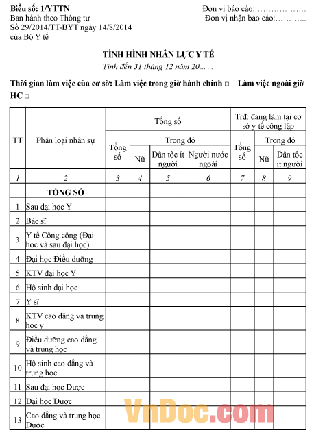Mẫu báo cáo về tình hình nhân lực y tế